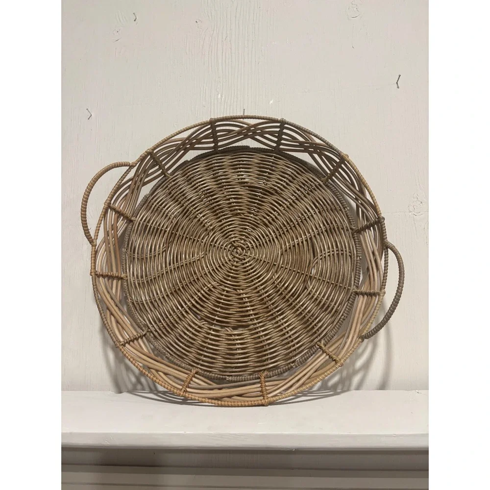 Round Wicker Serving Tray with Handles 15 Inch Natural Rattan Boho Decor